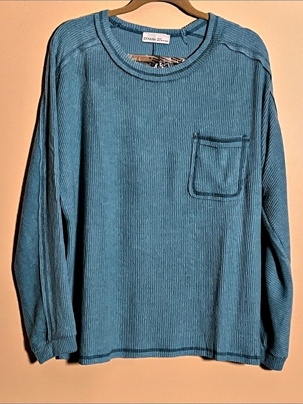 NWT Zenana Mineral Wash Brushed Ribbed Knit Exposed Seam Top 1X / 2X